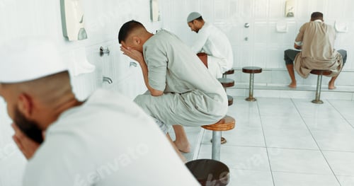 Preview: Muslim, wash routine and men before eid prayer in bathroom for purity, and cleaning ritual. Islamic