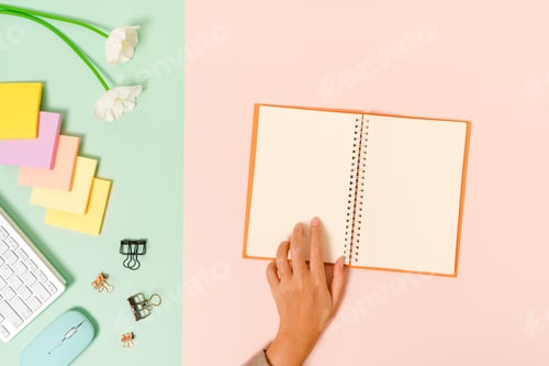 Preview: Creative flat lay photo of workspace desk.