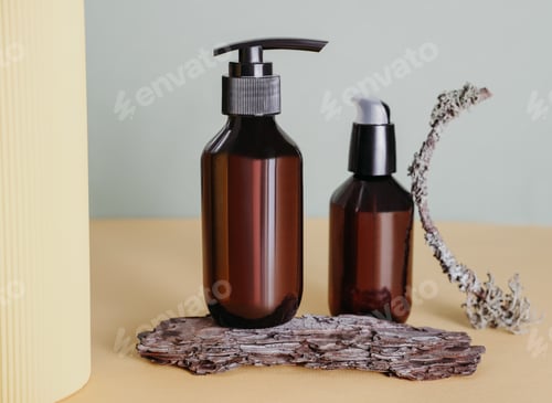 Preview: Cosmetic Bottles with Natural Wood and Green Background