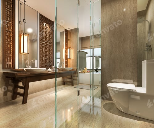 Preview: 3d rendering modern bathroom with luxury tile and chinese wall decor