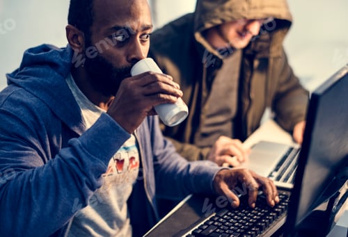 Preview: African descent man working with computer laptop