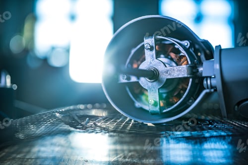 Preview: Close-up of iron motor from home cooling fan lies on a table