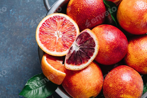 Preview: Whole and sliced blood oranges in iron bowl colander on blue table background