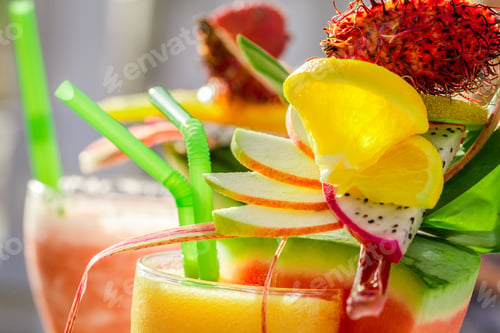 Preview: Closeup of drink with watermelon and fresh fruits