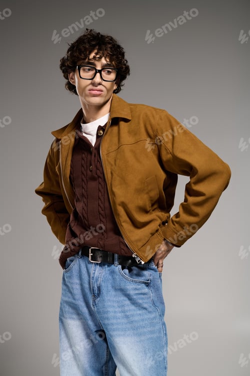 Preview: Stylish young man showcases modern fashion in a minimalistic studio setting