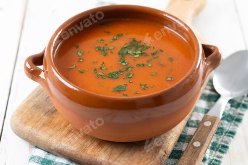 Preview: Traditional Spanish Gazpacho soup on white wooden table