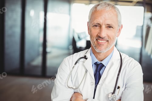 Preview: Doctor standing in glass-partitioned corridor, wearing lab coat with stethoscope and pen