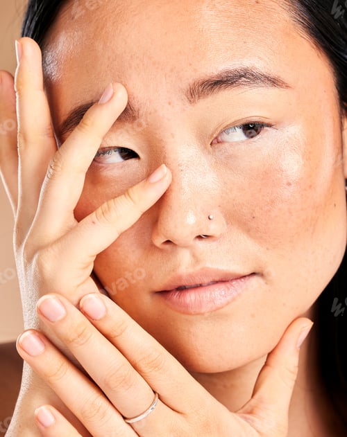 Preview: Asian woman, face and hands thinking for beauty wellness, skincare dermatology cosmetics skin glow