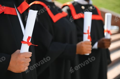 Preview: education, graduation and people concept - group of happy international students in mortar boards