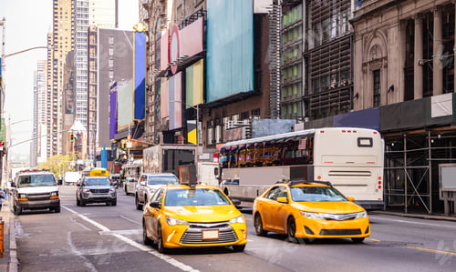 Preview: New York, streets. High buildings, colorful signs, cars and cabs