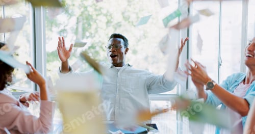 Preview: Cash, money rain and business people success, celebration and applause for bonus, stock market or w