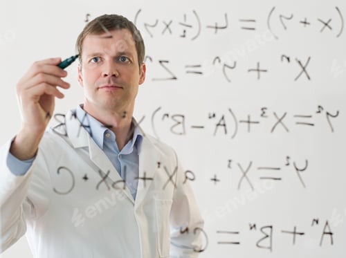 Preview: Determined instructor solving complex equations on transparent board.