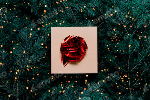 Preview: A festive Christmas and New year background witch Christmas present and fur tree with bokeh lights