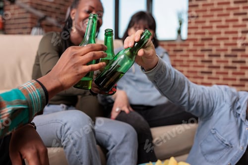 Preview: Multiethnic group of friends clinking bottles of beer at home