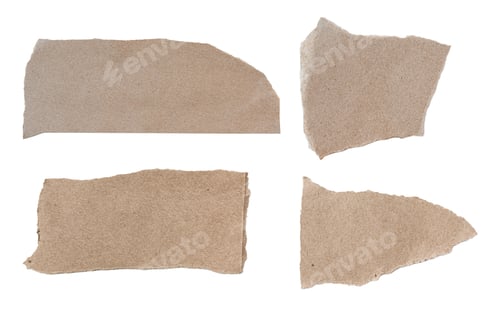 Vista previa: Juego de hojas de papel rasgadas de color marrón aisladas sobre fondo blanco con trayectoria recortada.