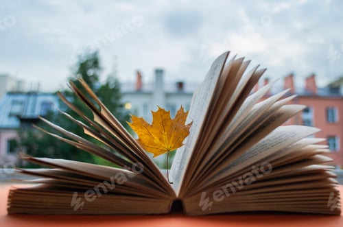 Preview: An open book, between the sheets which seemed stuck bright yellow dried maple leaf