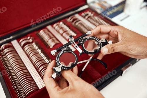 Preview: Shot of an unrecognisable optometrist choosing the lens strength of a pair of glasses