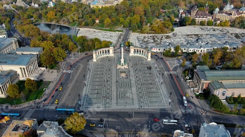 Preview: Budapest, Hungary, flying above Heroes Square, Hosok tere, and Andrassy avenue
