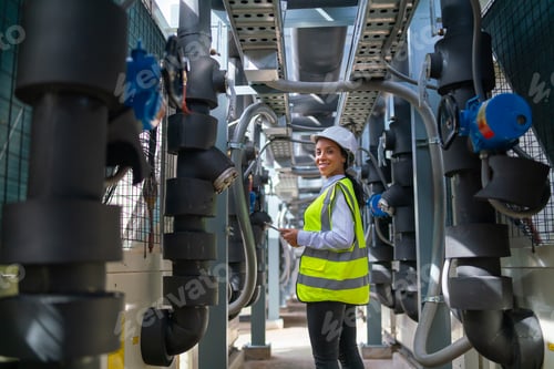 Preview: Wide shot of professional engineer or technician worker woman with holding tablet