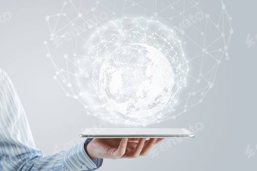 Preview: Businessman Holding In Hand Tablet With Global Connection Concept