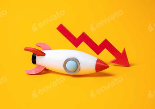 Preview: Rocket and red arrow down. Failed startup, failed advertising campaign.