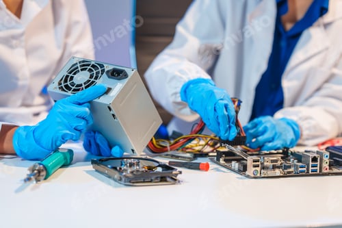 Preview: Close-up of a technician wearing gloves soldering electronic components at a desk in an office
