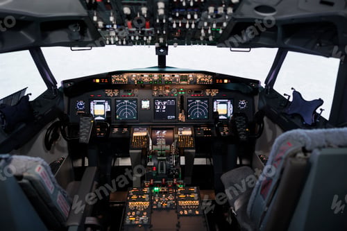 Preview: Empty airplane cockpit with electronic flying navigation panel