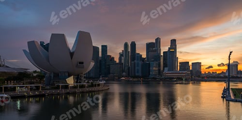 Preview: Landscape view of Singapore business district and city at twilight.