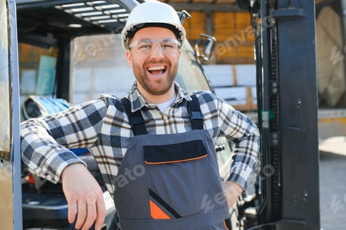 Preview: Man worker at forklift driver happy working in industry factory logistic ship