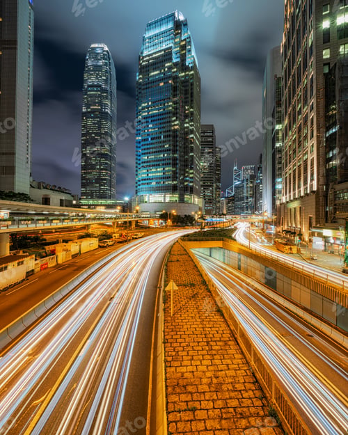 Preview: Long exposure of Hong Kong Cityscape skyscaper which have light traffic transportation