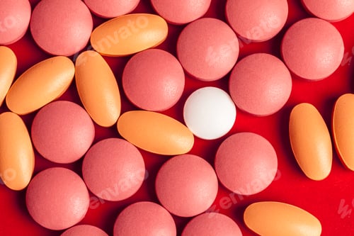 Preview: Many medicine pills close up on red background