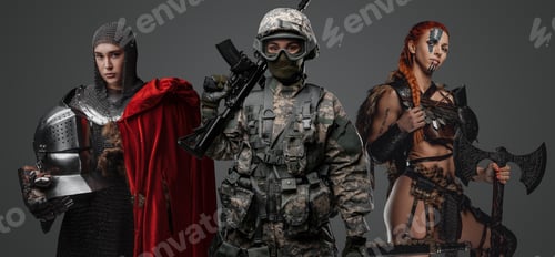 Preview: Modern soldier woman with female medieval knight and viking