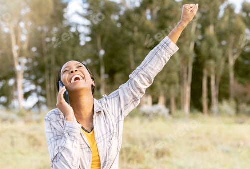 Preview: Outdoor, phone call and black woman excited, achievement and happiness with connection, communicati