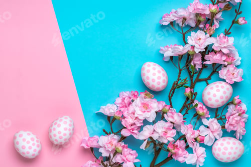 Preview: Easter background with polka dot paschal eggs, pastel pink and blue paper template, greeting card