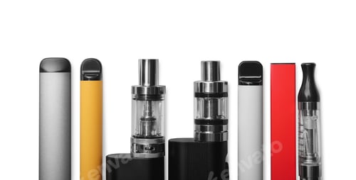 Preview: Different electronic cigarettes on white background, top view