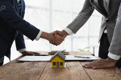 Preview: Handshake of real estate brokers with customers or investors, mortgage loan agreements Make a lease-