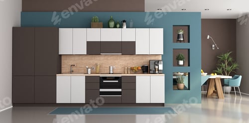 Preview: Modern kitchen with dining table on background