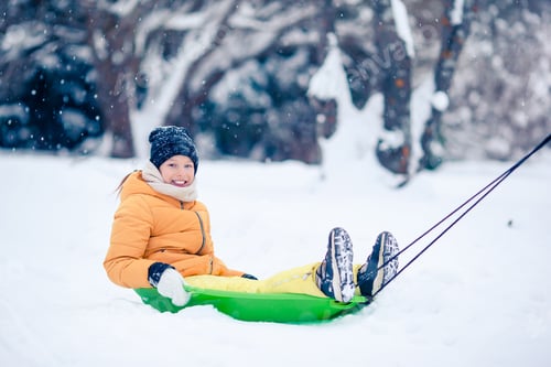 Preview: Adorable little happy girl sledding in winter snowy day