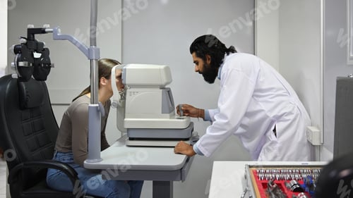 Preview: Indian male ophthalmologist checking eyesight female patient with auto in ophthalmologist clinic.