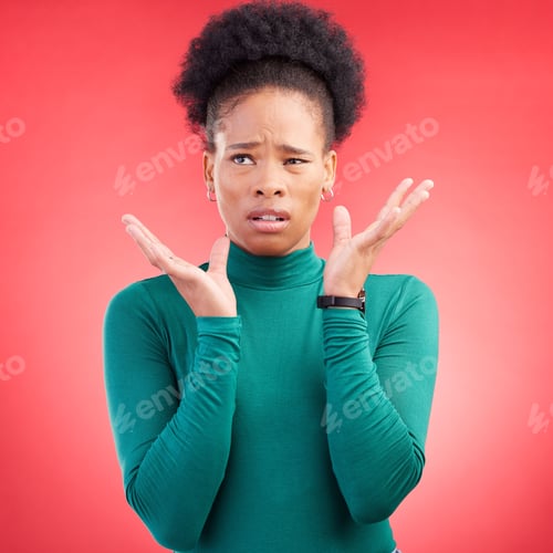 Preview: Confused, thinking and black woman in studio with questions, wtf and pensive gesture on red backgro