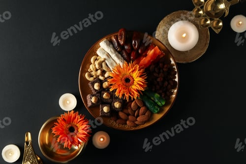 Preview: Copper dishes, plate with sweets and nuts, candles and flowers on black background, top view