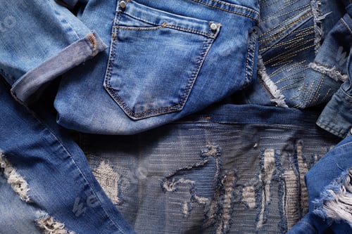 Preview: Heap of torn jeans denim background texture. Blue jeans fabric material surface