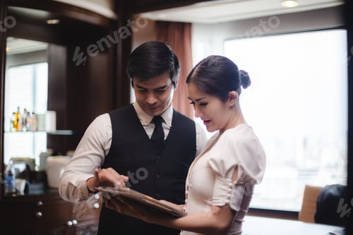 Preview: business partner meeting concept, businessman and woman talking together in work office