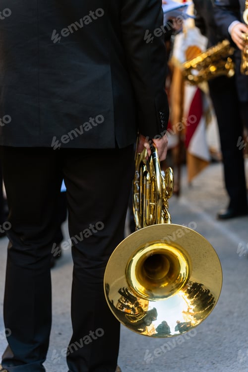 Preview: Band musicians with their instruments on the street. Typical music bands in Spain.