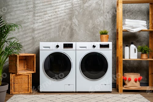 Preview: Modern Laundry Room With White Washing Machines and Greenery