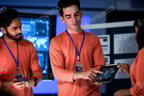 Preview: A team of app developers in uniform proudly presents their new software.