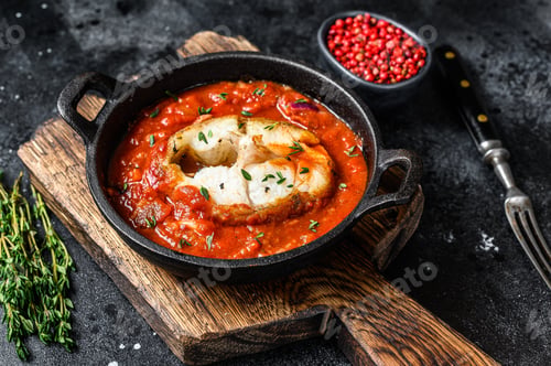 Preview: Baked hake white fish with tomato in a pan. Black background. Top view