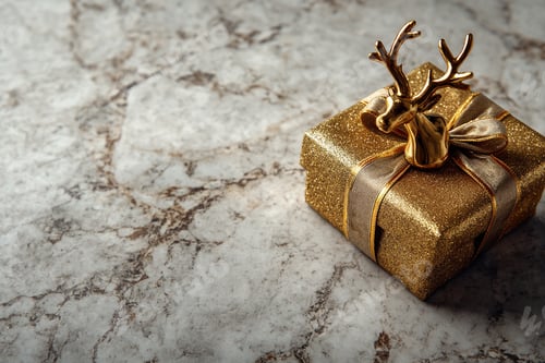Preview: Festive Golden Gift Box with Deer Ornament