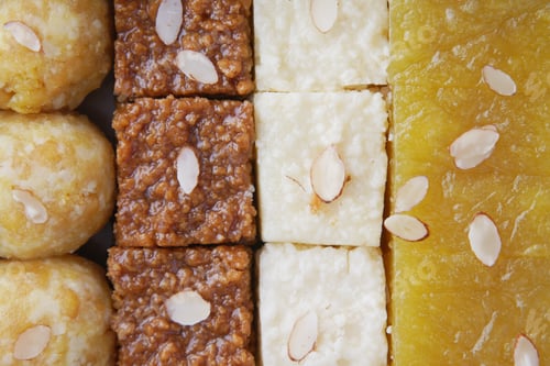 Preview: top view of indian sweet in a bowl on table.