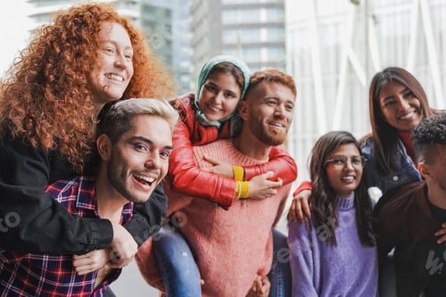 Preview: Group of happy diverse friends having fun together in the city - Focus on gay man with make up